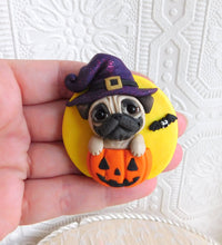 Load image into Gallery viewer, Pug Witch &amp; Moon Brooch/Pin  Clay Sculpted Jewelry