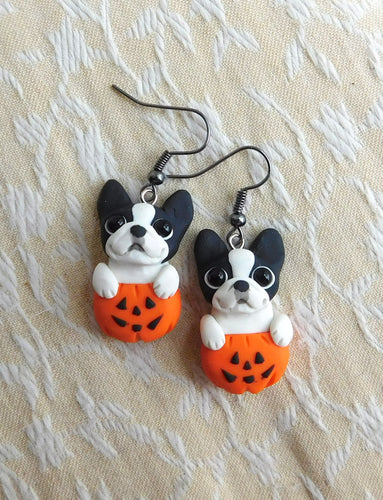 Boston Terrier Halloween Earrings Clay Sculpted Jewelry