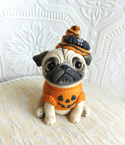 Halloween Pug with Pumpkin Sweater Hand Sculpted Collectible