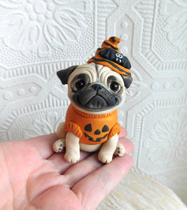 Halloween Pug with Pumpkin Sweater Hand Sculpted Collectible