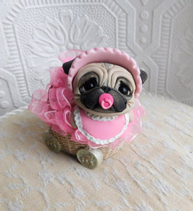 Little Girl Baby Pug with pacifier in Pink Buggy Hand sculpted Clay Collectible