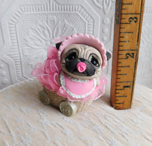 Load image into Gallery viewer, Little Girl Baby Pug with pacifier in Pink Buggy Hand sculpted Clay Collectible