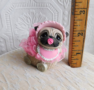 Little Girl Baby Pug with pacifier in Pink Buggy Hand sculpted Clay Collectible
