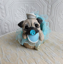 Load image into Gallery viewer, Little Boy Baby Pug with pacifier in Blue Buggy Hand sculpted Clay Collectible
