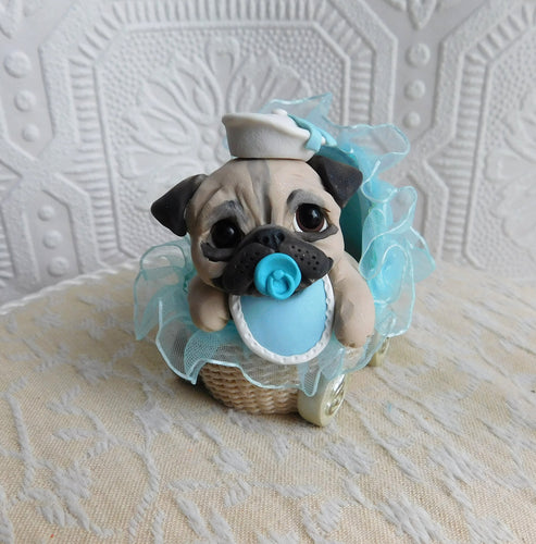 Little Boy Baby Pug with pacifier in Blue Buggy Hand sculpted Clay Collectible
