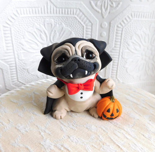 Halloween Vampire Pug with Pumpkin Hand Sculpted Collectible