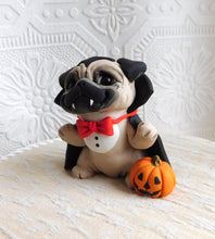 Load image into Gallery viewer, Halloween Vampire Pug with Pumpkin Hand Sculpted Collectible