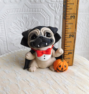Halloween Vampire Pug with Pumpkin Hand Sculpted Collectible