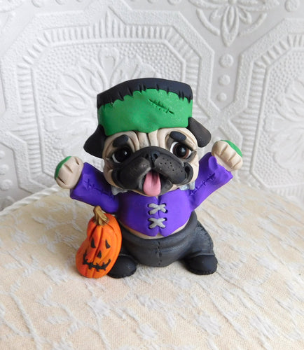 Halloween Franken-Pug with Pumpkin Hand Sculpted Collectible