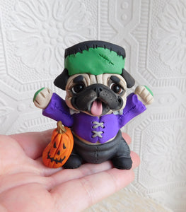 Halloween Franken-Pug with Pumpkin Hand Sculpted Collectible