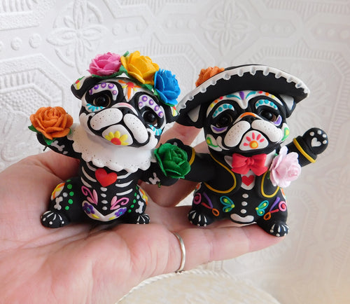 Dia de Muertos/Day of the dead Pug Couple Hand Sculpted Clay Collectibles