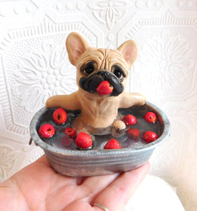 Autumn French Bulldog Bobbing for Apples Hand Sculpted Collectible