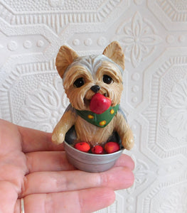 Autumn Yorkshire Terrier Bobbing for Apples Hand Sculpted Collectible