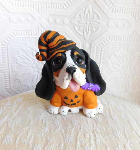 Halloween Basset Hound with Bat Hand Sculpted Collectible