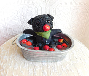 Autumn Pug Bobbing for Apples Hand Sculpted Collectible