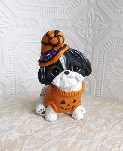 Halloween Shih Tzu with Pumpkin Sweater Hand Sculpted Collectible