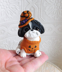 Halloween Shih Tzu with Pumpkin Sweater Hand Sculpted Collectible