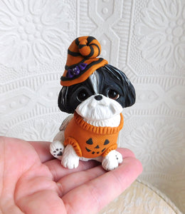 Halloween Shih Tzu with Pumpkin Sweater Hand Sculpted Collectible