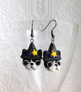 Boston Terrier Halloween Witch Earrings Clay Sculpted Jewelry