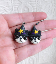 Load image into Gallery viewer, Boston Terrier Halloween Witch Earrings Clay Sculpted Jewelry