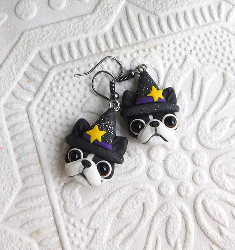 Boston Terrier Halloween Witch Earrings Clay Sculpted Jewelry