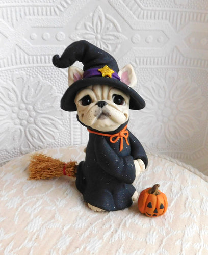 French Bulldog Halloween Witch Sculpture hand sculpted Collectible