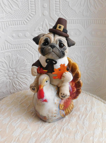 Thanksgiving Pug on a Turkey Hand Sculpted Collectible