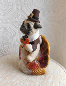 Thanksgiving Pug on a Turkey Hand Sculpted Collectible