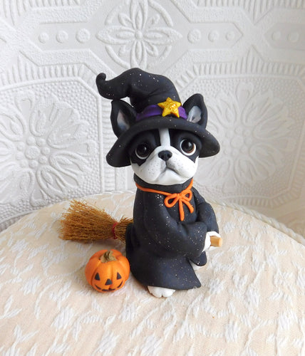 Boston Terrier Halloween Witch Sculpture hand sculpted Collectible