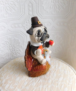 Thanksgiving Pug on a Turkey Hand Sculpted Collectible