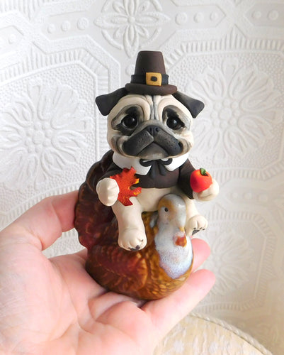 Thanksgiving Pug on a Turkey Hand Sculpted Collectible