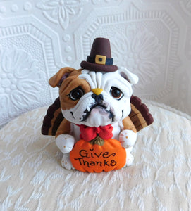 Thanksgiving Give Thanks "turkey" English Bulldog  Hand Sculpted Collectible
