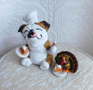 Thanksgiving "Best part of the day" Bulldog Chef & turkey Hand Sculpted Collectible