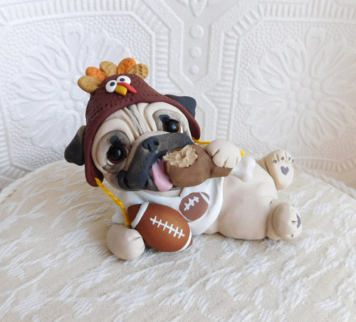 Thanksgiving Feast & Football Pug Hand Sculpted Collectible