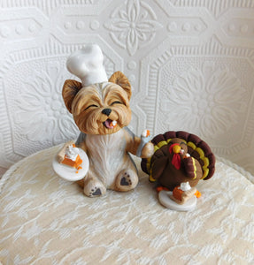 Thanksgiving "Best part of the day" Yorkshire Terrier Chef & turkey Hand Sculpted Collectible
