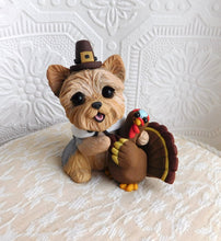 Load image into Gallery viewer, Thanksgiving Pilgrim with Turkey friend Yorkshire Terrier  Hand Sculpted Collectible