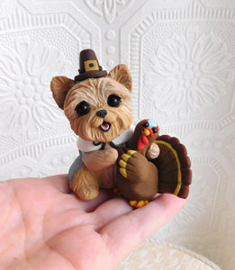 Thanksgiving Pilgrim with Turkey friend Yorkshire Terrier  Hand Sculpted Collectible