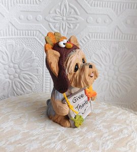 Thanksgiving Give Thanks Turkey Hat Yorkshire Terrier Hand Sculpted Collectible