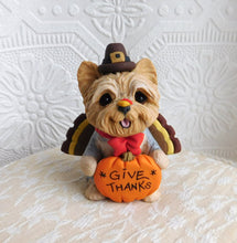 Load image into Gallery viewer, Thanksgiving Give Thanks Turkey Hat Yorkie  Hand Sculpted Collectible