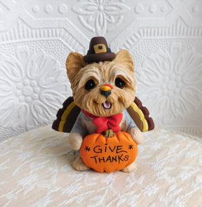 Thanksgiving Give Thanks Turkey Hat Yorkie  Hand Sculpted Collectible