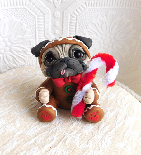 Gingerbread Pug with candy cane Hand Sculpted Collectible
