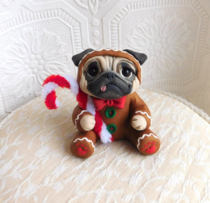 Gingerbread Pug with candy cane Hand Sculpted Collectible
