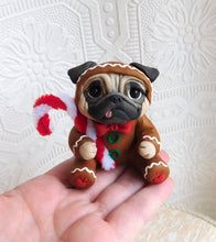 Load image into Gallery viewer, Gingerbread Pug with candy cane Hand Sculpted Collectible