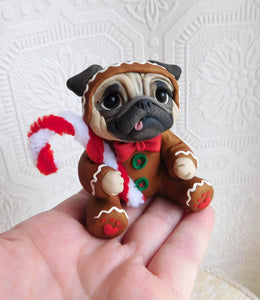 Gingerbread Pug with candy cane Hand Sculpted Collectible