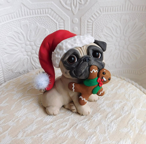 Christmas Cutie Pug with Gingerbread man Hand Sculpted Collectible