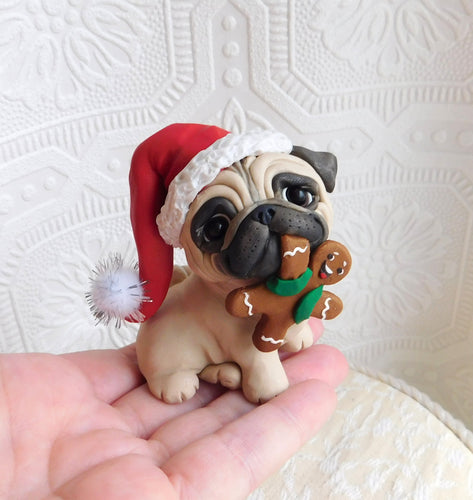 Christmas Cutie Pug with Gingerbread man Hand Sculpted Collectible