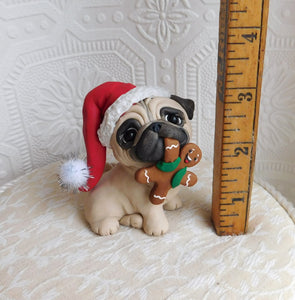 Christmas Cutie Pug with Gingerbread man Hand Sculpted Collectible