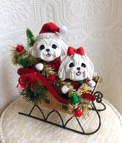 Maltese Couple Christmas Sleigh Hand sculpted Clay Collectible