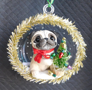 Pug Decorating the tree Christmas ornament Hand Sculpted Collectible