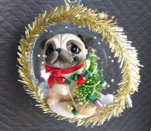 Pug Decorating the tree Christmas ornament Hand Sculpted Collectible